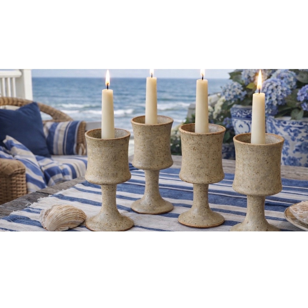 Vintage 1970's Studio Pottery Taper Candle Holders Speckled Stoneware Beige‎